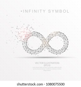 Infinity symbol shape point, line and composition digitally drawn in the form of broken a part triangle shape and scattered dots low poly wire frame on white background.