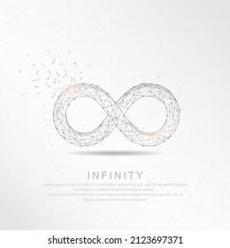 Infinity symbol shape point, line and composition digitally drawn in the form of broken a part triangle shape and scattered dots low poly wire frame on white background.