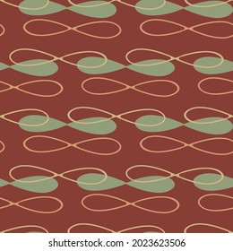 Infinity symbol sign vector seamless pattern background. Geometric backdrop with horizontal scribbled loops and silhouettes. Looped figure of eight shapes in green, ochre, brown. Fall concept.