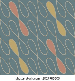 Infinity symbol sign vector seamless pattern background. Blue backdrop with diagonal loops in weave effect. Partially color filled mustard yellow and smoky pink shapes in. Looped woven style repeat.