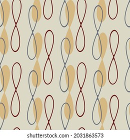 Infinity symbol sign vector seamless pattern background. Geometric backdrop with vertical scribbled loops and silhouettes. Looped figure of eight shapes in green, ochre, brown. Fall concept.