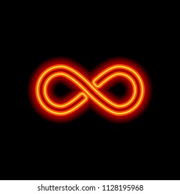 infinity symbol, simple icon. Orange neon style on black background. Light icon