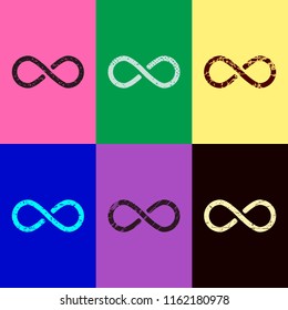 infinity symbol, simple icon. Pop art style. Scratched icons on 6 colour backgrounds.