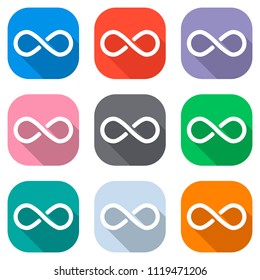 infinity symbol, simple icon. Set of white icons on colored squares for applications. Seamless and pattern for poster