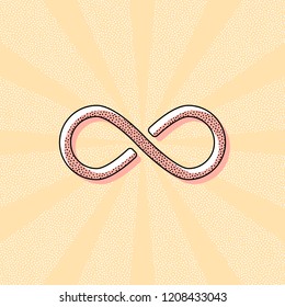 infinity symbol, simple icon. Vintage retro typography with offset printing effect. Dots poster with comics pop art background