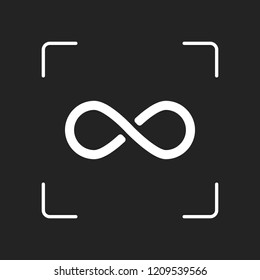 infinity symbol, simple icon. White object in camera autofocus on dark background