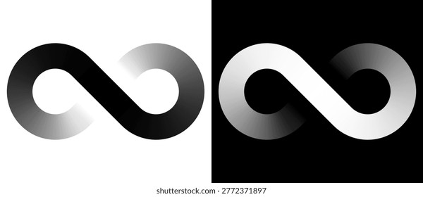 Infinity symbol with smooth gradient grayscale shading presented in two versions — on white and black backgrounds. The lemniscate icon features a sleek, modern vector design with a glossy, three-dimensional appearance created through black-to-white gradient transitions. This versatile graphic element is suitable for logos, branding, technology, mathematics, and concept design projects. Clean, minimal, and isolated on contrasting backgrounds for easy use.