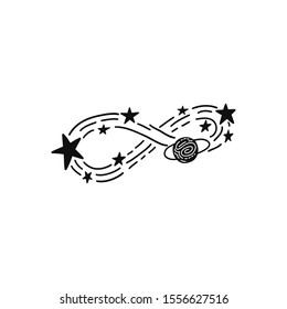 Infinity symbol and stars, planets. Doodle kid vector illustration isolated on white background. Black and white space modern icon. Nursery childish design in minimalistic style.