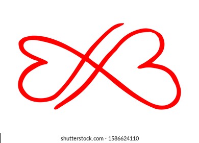 Infinity symbol with two hearts intersecting. Hand painted with black paint. Grunge brush stroke. Modern eternity icon. Graphic design element. Infinite possibilities, endless process, lifetime