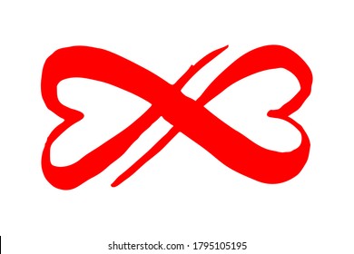 Infinity symbol with two hearts intersecting. Hand painted with black paint. Grunge brush stroke. Modern eternity icon. Graphic design element. Infinite possibilities, endless process, lifetime