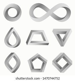 Infinity symbol and various impossible figures: triangle, square, circle, trapezium. Set of vector isometric logo. Symbol of repetition, cyclicity and infinity. Impossible shapes isolated on white.