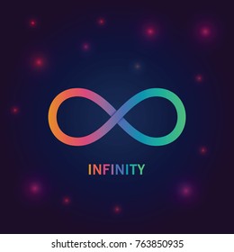 Infinity symbol vector background. Light blue rainbow infinity, eternity concept with shiny particles. Vector illustration for science and buisiness design