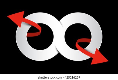 Infinity Symbol. Vector Eight - Endless Paper Sign with Red Arrows on Black Background.
