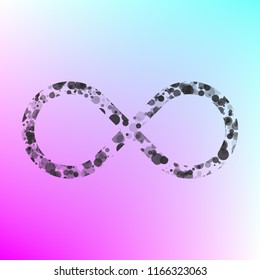 Infinity symbol. Vector. Gray icon with bubbled texture at color background with pink and sky blue corners.