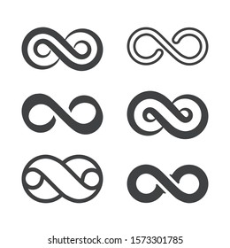 Infinity symbol. Vector logos set. Black contours of different shapes, thickness and style isolated on white. Symbol of repetition and unlimited cyclicity