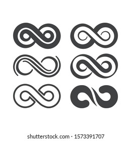 Infinity symbol. Vector logos set. Black contours of different shapes, thickness and style isolated on white. Symbol of repetition and unlimited cyclicity.