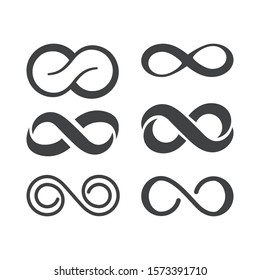 Infinity symbol. Vector logos set. Black contours of different shapes, thickness and style isolated on white. Symbol of repetition and unlimited cyclicity.