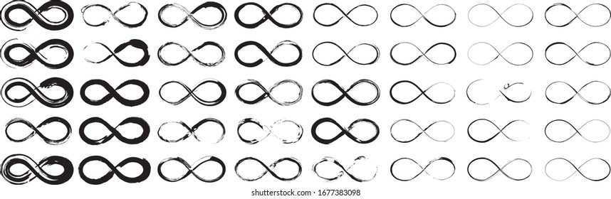 Infinity symbol. Vector logos set. Symbol of repetition and unlimited cyclicity. Black contours of different shapes, thickness and style isolated on white. 