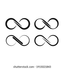 Infinity symbol. Vector logos set. Black contours of different shapes, thickness and style, isolated on a blank background. Symbol of repetition and unlimited cyclicity.