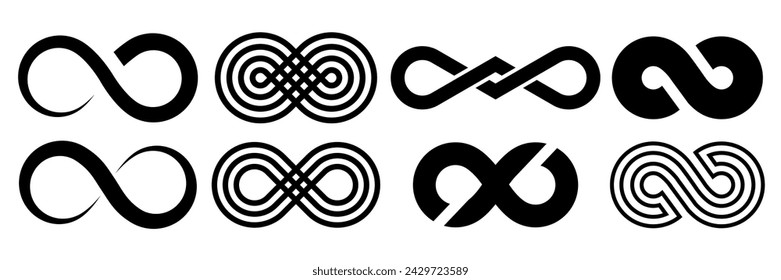 Infinity symbol. Vector logos set. Black contours of different shapes, thickness and style isolated on white. Symbol of repetition and unlimited cyclicity.