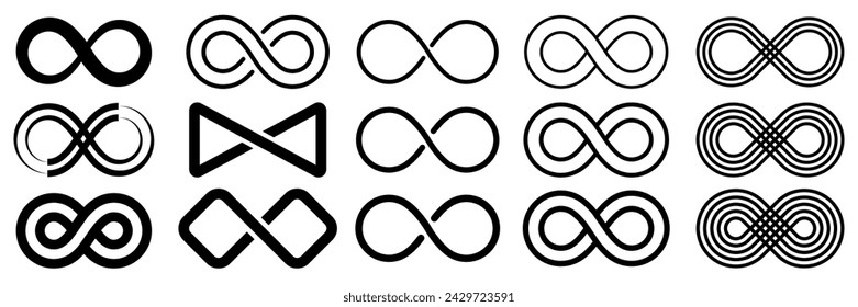 Símbolo del infinito. Conjunto de logotipos vectoriales. Contornos negros de diferentes formas, grosor y estilo aislados sobre blanco. Símbolo de repetición y ciclicidad ilimitada.