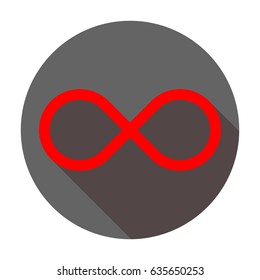 infinity symbol. Vector. Red icon with reddish shadow on dark gray circle at white background. Isolated.