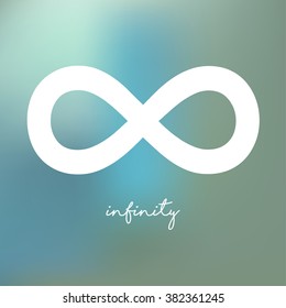 Infinity symbol white on a blue bokeh fog background.