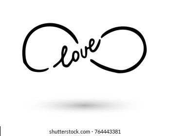 Infinity symbol with word love. Icon hand drawn with ink brush. Modern doodle outline. Endless love, wedding, engagement concept. Graphic design element invitation, card, tattoo. Vector illustration