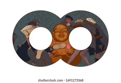 Infinity symbol.Rebirth concept.Buddha amid chaos and cruelty in negative space.Vector illustration 