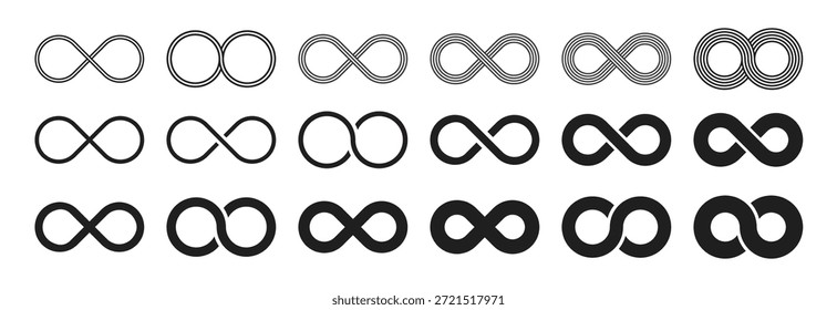 Coleção de símbolos infinitos, ilustrações de vetor preto sobre fundo branco. Perfeito para design de logotipo, marca e representação matemática. Vários estilos, do clássico ao artístico
