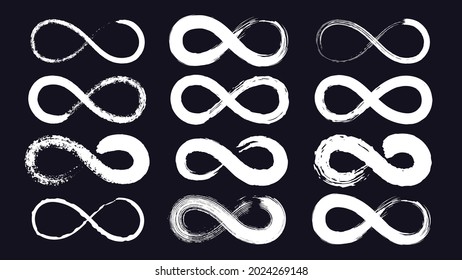 Infinity symbols or eternity loop drawn with grunge ink brush. Endless line stroke. Calligraphy infinite emblem. Moebius ribbon vector set. Symbol eternity shape, infinity boundless illustration