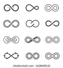 Infinity symbols, limitless signs linear icons set. Eternity pictograms variety. Loops and arrows shapes monochrome simple vector illustrations collection isolated on white background