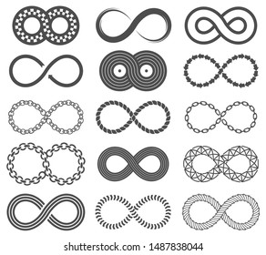 Infinity symbols. Mobius loop shape, unlimited and forever signs. Abstract motion, identity and eight shaped isolated vector line infinite limitless logos