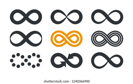 Infinity symbols. Repetition and unlimited cyclicity in different style isolated on white background.