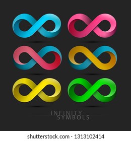 Infinity Symbols Set. Colorful Vector Endless Icons on Dark Background.