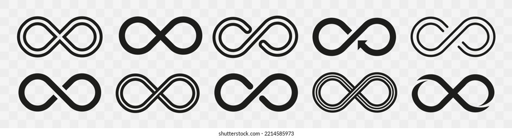 Infinity symbols set. Endless sign with arrow. Loop cycle line icon isolated on transparent background. Vector illustration.