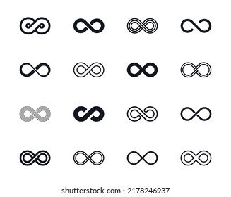 Infinity symbols. Set of infinity icons. Symbols of endless, unlimited, eternal. Vector illustration.