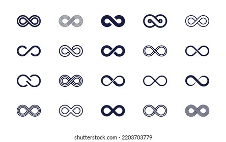 Infinity symbols. Set of infinity icons. Symbols of endless, unlimited, eternal. Vector illustration.