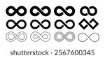 Infinity symbols set. Pack of silhouettes of inverted eights. Endless patterns and ornaments. Logotype and emblem. Minimalistic creativity. Flat vector collection isolated on white background