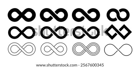 Infinity symbols set. Pack of silhouettes of inverted eights. Endless patterns and ornaments. Logotype and emblem. Minimalistic creativity. Flat vector collection isolated on white background