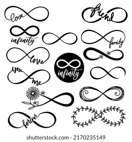 Infinity symbols,Set of infinity symbols,Repetition and unlimited cyclicity icon and sign illustration on white background,Infinity logo design vector,Black contours of different shapes