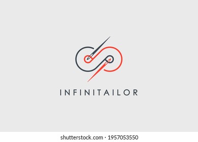 Infinity Tailor Logo. Black and Red Needle with Circular Line Thread Combination isolated on Vintage Background. Usable for Garment and Handmade Logos. Flat Vector Logo Design Template Element.