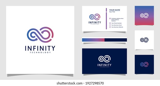 Infinity Tech Logo With Line Art Style And Business Card Design Template Outline Color Gradient Tech Template