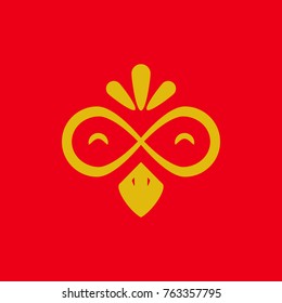 Infinity or unlimited chicken face logo mark in gold yellow color