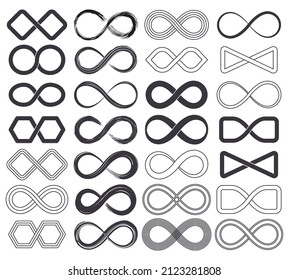 Infinity unlimited symbols, eternal endless cyclical icons. Abstract limitless infinite loop vector symbols set. Endless eternity signs. Loop eternity emblem illustration