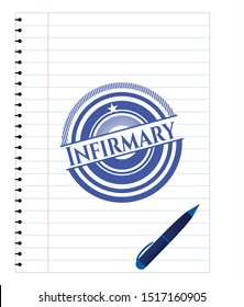 Infirmary emblem draw with pen effect. Blue ink. Vector Illustration. Detailed.