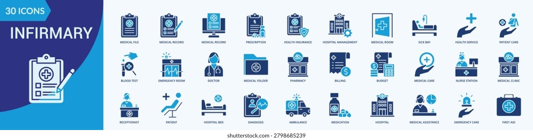 Infirmary Icon Set Illustration vector Flat Blue Style