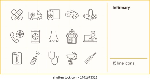 Infirmary icons. Set of line icons. X-ray, stethoscope, nasal spray. Clinic concept. Vector illustration can be used for topics like medicine, healthcare, treatment