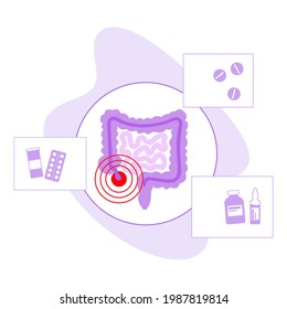 Inflamed appendix logo. Appendicitis and pain in intestine. Abdominal inflammation, belly ache in human body. Internal organs medical poster isolated flat vector illustration for clinic or education.