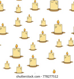Inflamed candles seamless pattern. Thick wax or paraffin candle with lit wick on plate flat vector on white background. Ancient lighting illustration for wrapping paper, prints on fabric